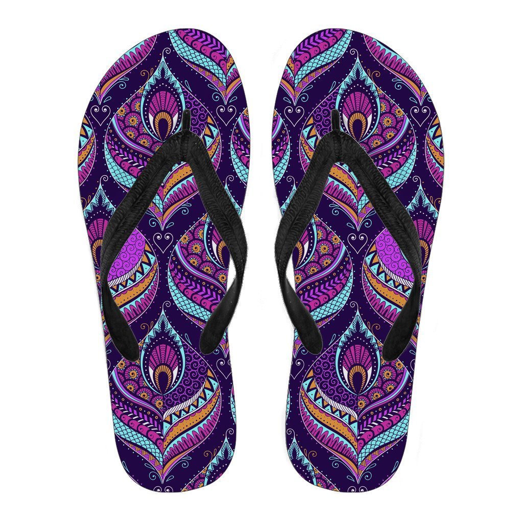 Purple Bohemian Peacock Feather Print Men's Flip Flops