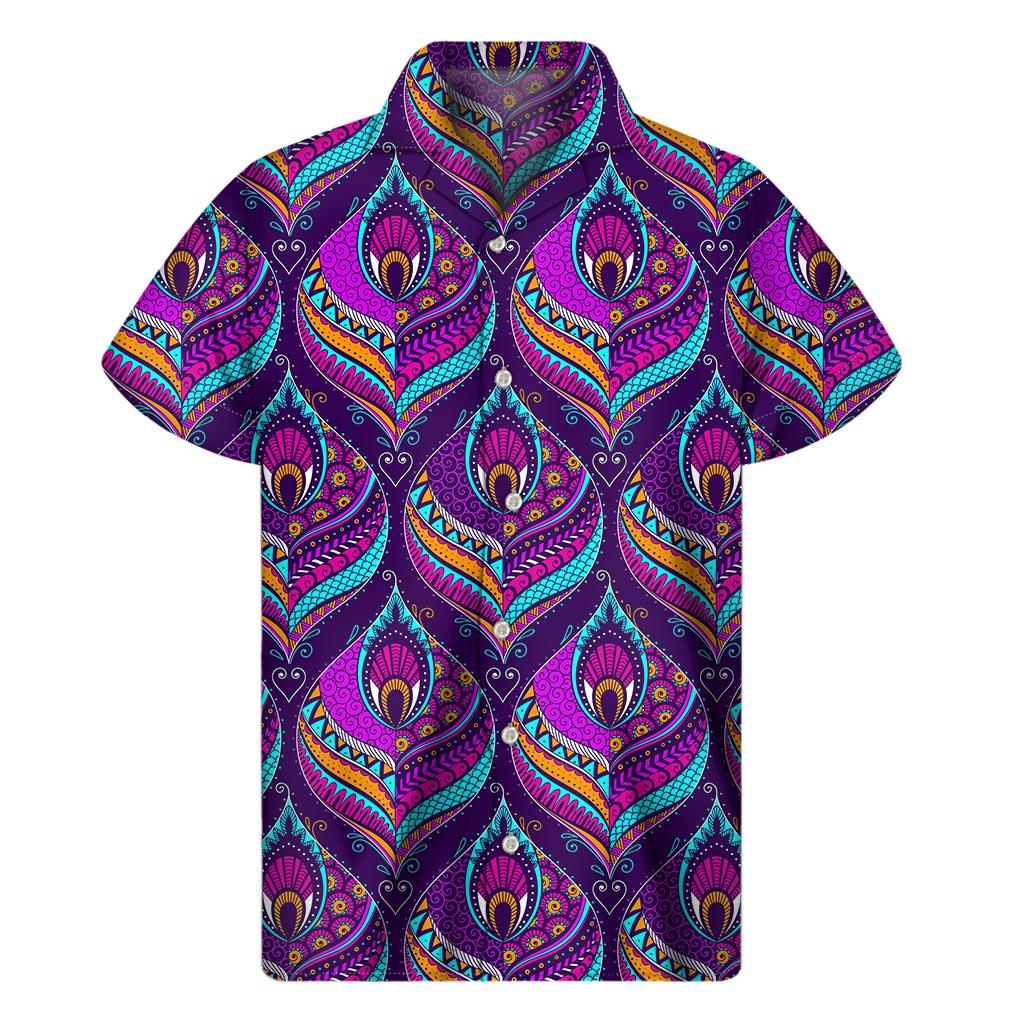 Purple Bohemian Peacock Feather Print Men's Short Sleeve Shirt