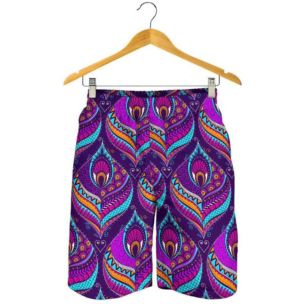 Purple Bohemian Peacock Feather Print Men's Shorts