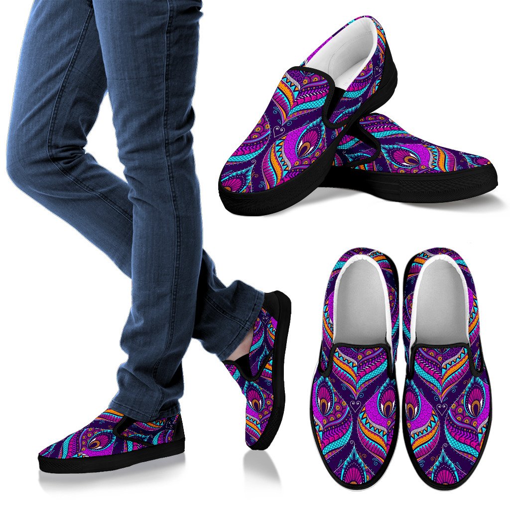 Purple Bohemian Peacock Feather Print Men's Slip On Shoes