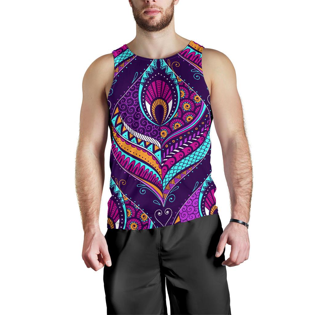 Purple Bohemian Peacock Feather Print Men's Tank Top