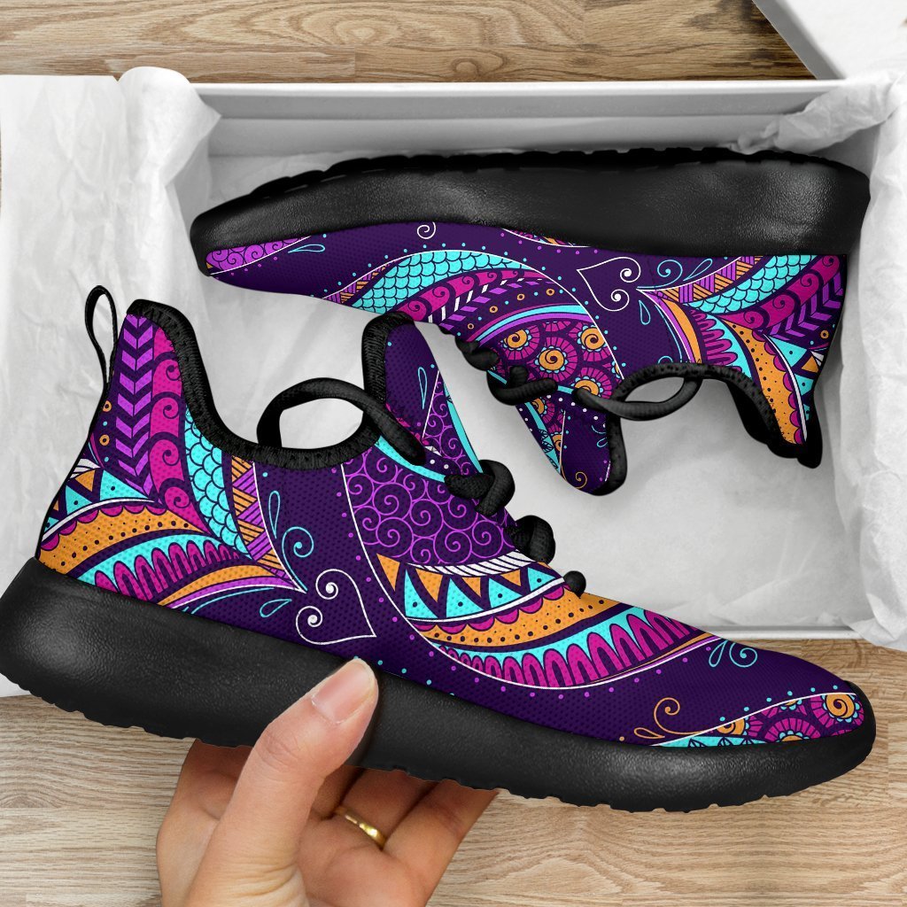 Purple Bohemian Peacock Feather Print Mesh Knit Shoes