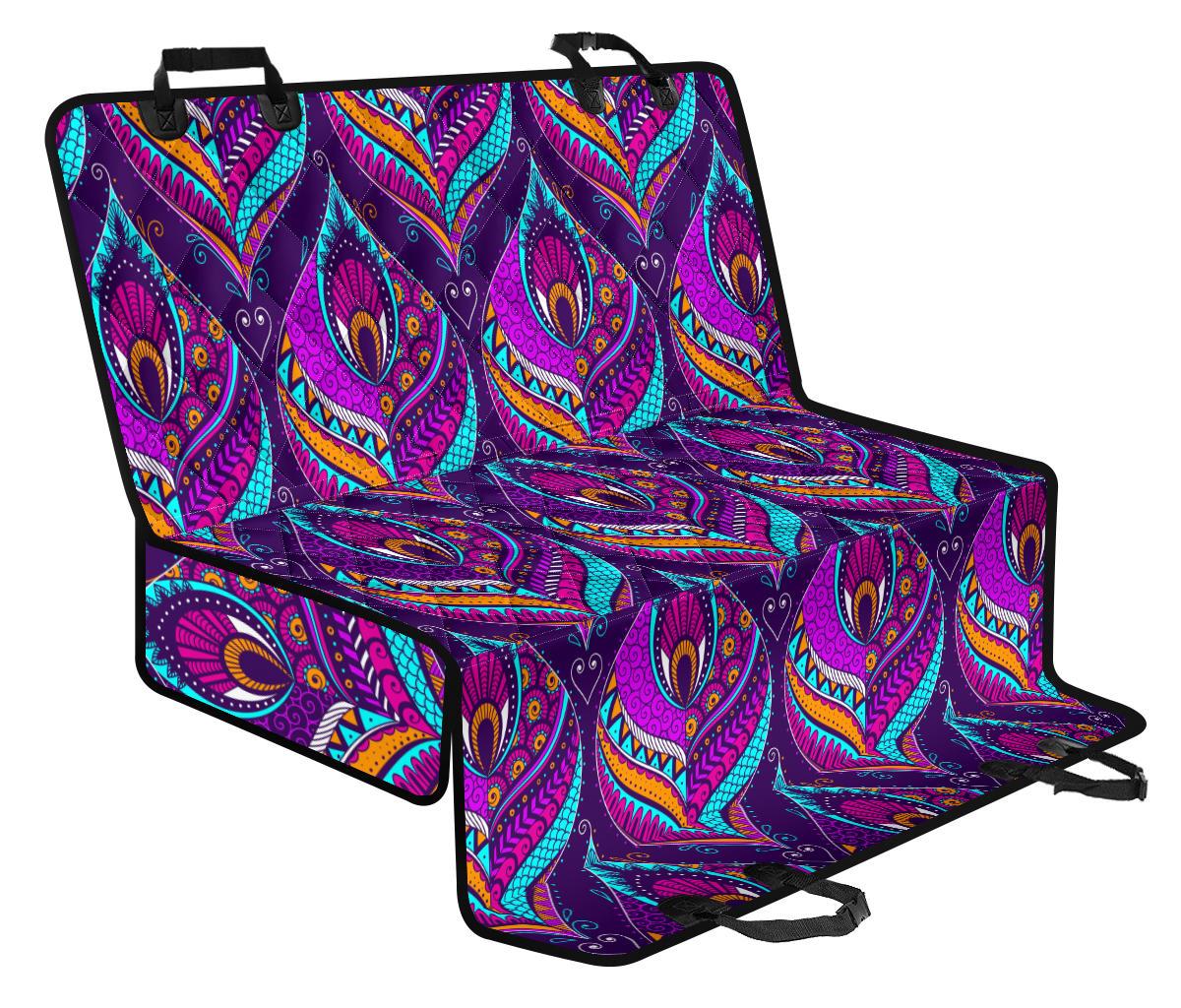 Purple Bohemian Peacock Feather Print Pet Car Back Seat Cover