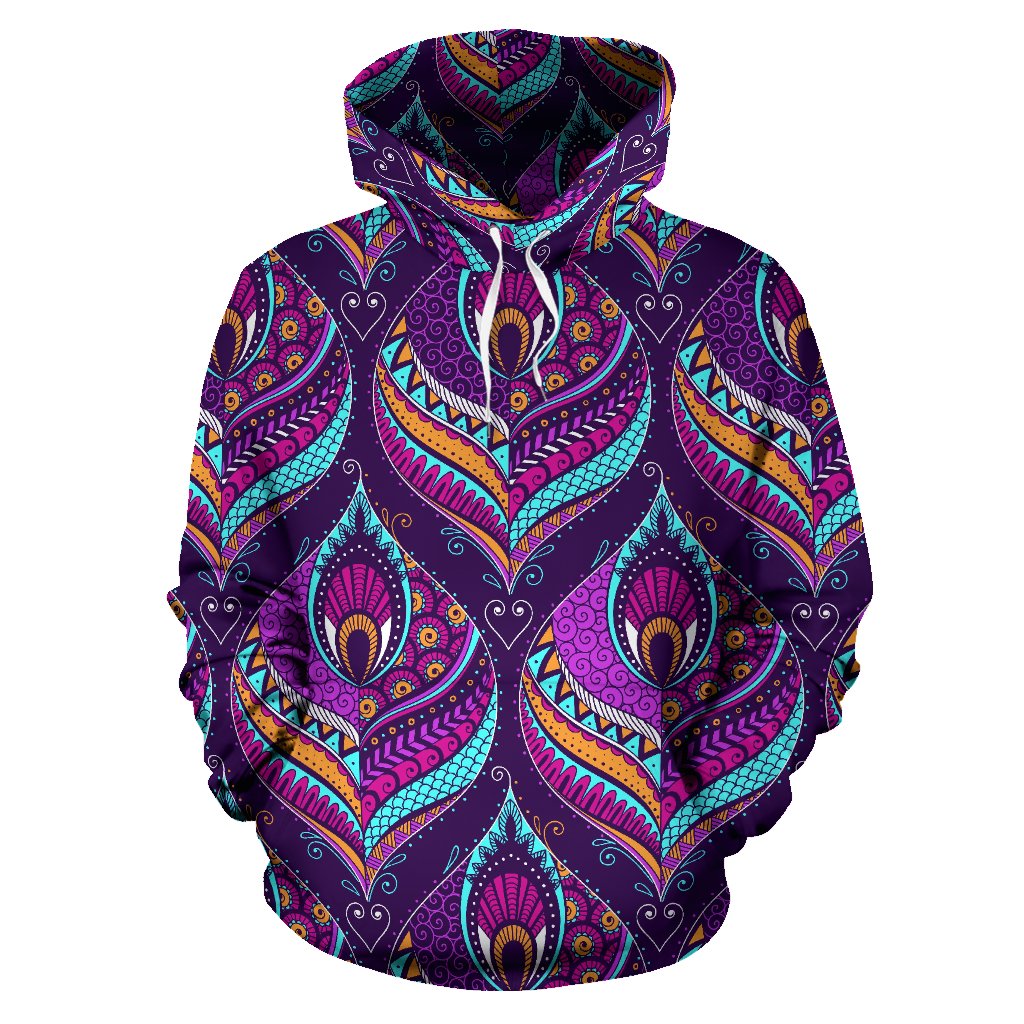 Purple Bohemian Peacock Feather Print Pullover Hoodie