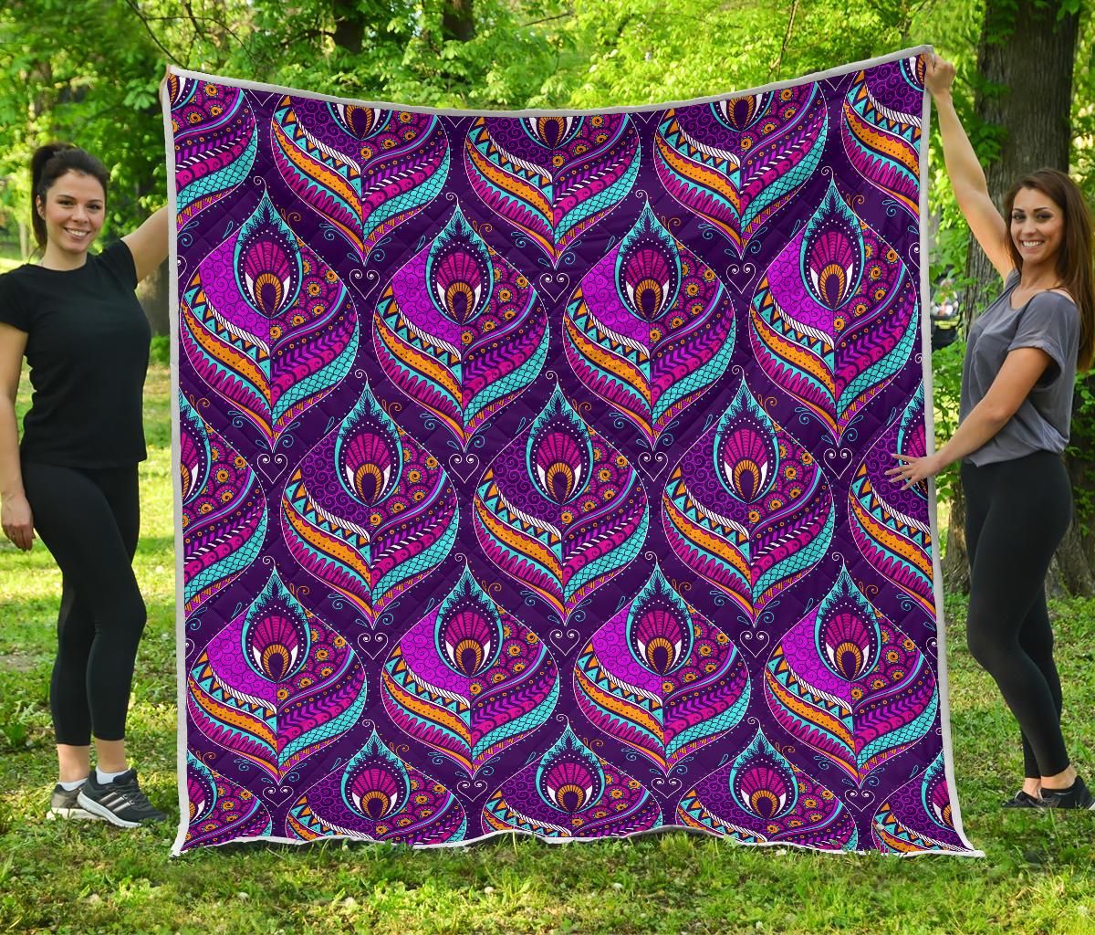 Purple Bohemian Peacock Feather Print Quilt