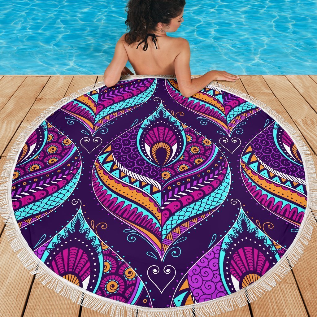 Purple Bohemian Peacock Feather Print Round Beach Blanket