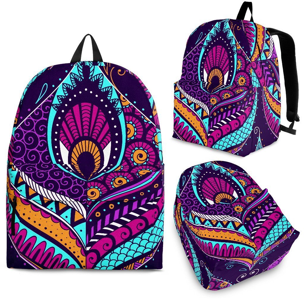 Purple Bohemian Peacock Feather Print School Backpack