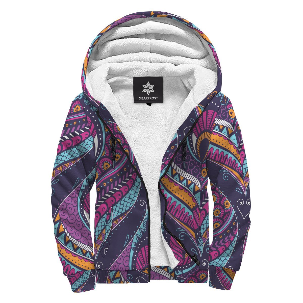 Purple Bohemian Peacock Feather Print Sherpa Lined Fleece Hoodie