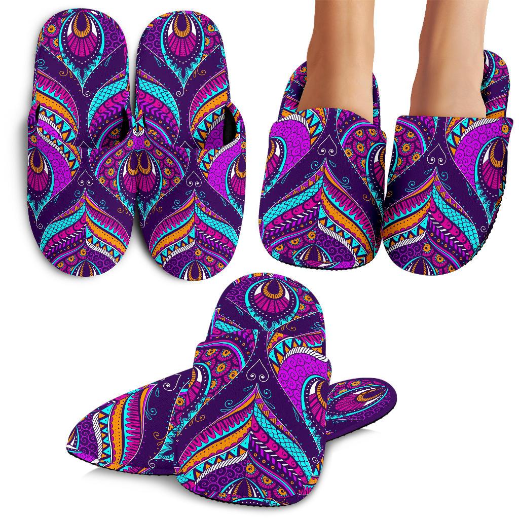 Purple Bohemian Peacock Feather Print Slippers