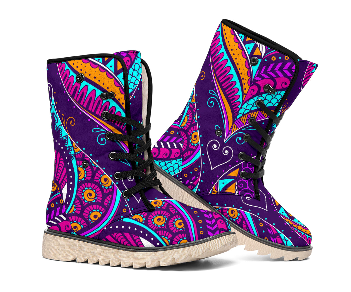 Purple Bohemian Peacock Feather Print Winter Boots