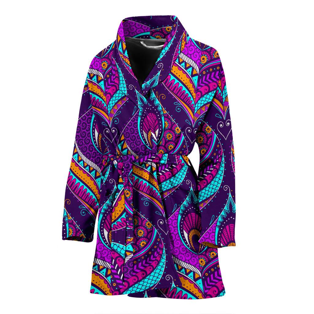 Purple Bohemian Peacock Feather Print Women's Bathrobe