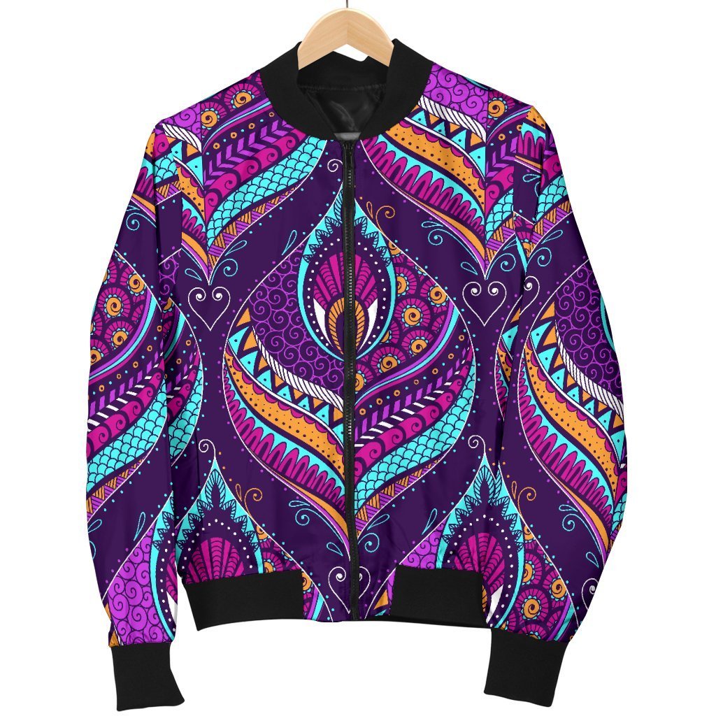 Purple Bohemian Peacock Feather Print Women's Bomber Jacket