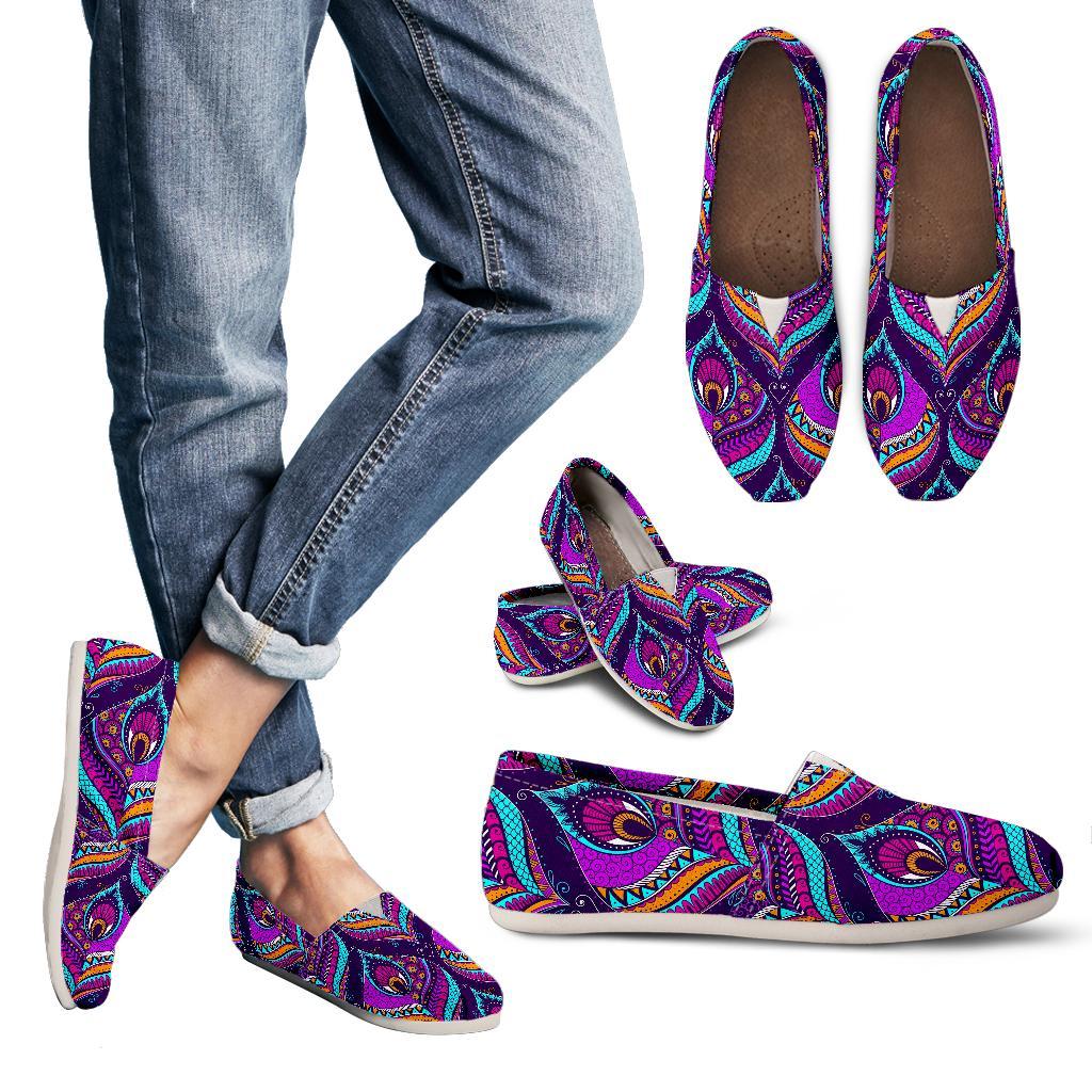 Purple Bohemian Peacock Feather Print Women's Casual Canvas Shoes