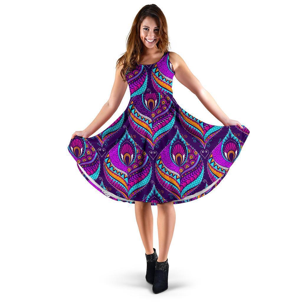 Purple Bohemian Peacock Feather Print Women's Dress