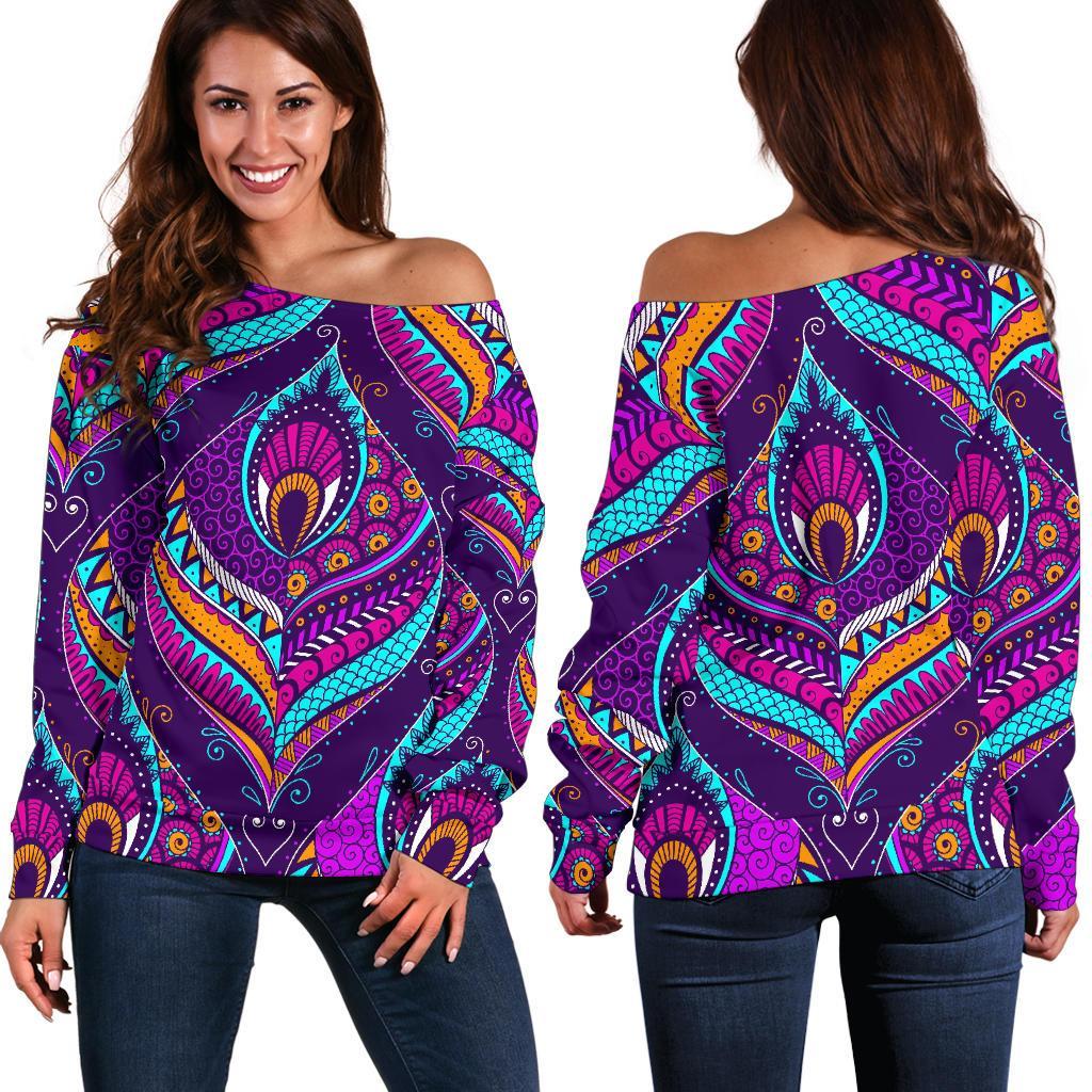 Purple Bohemian Peacock Feather Print Women's Off-Shoulder Sweatshirt