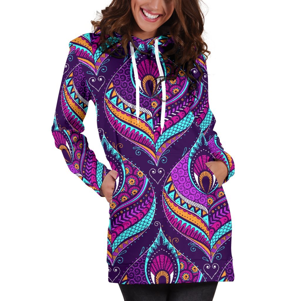 Purple Bohemian Peacock Feather Print Women's Pullover Hoodie Dress