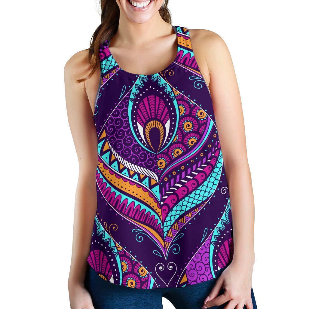 Purple Bohemian Peacock Feather Print Women's Racerback Tank Top