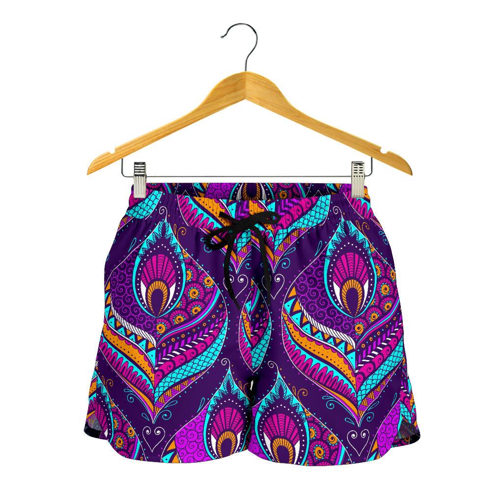 Purple Bohemian Peacock Feather Print Women's Shorts