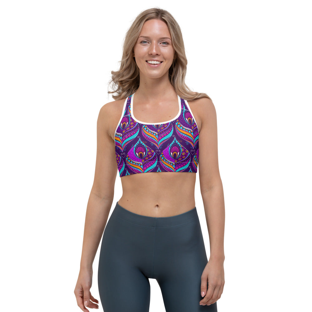 Purple Bohemian Peacock Feather Print Women's Sports Bra