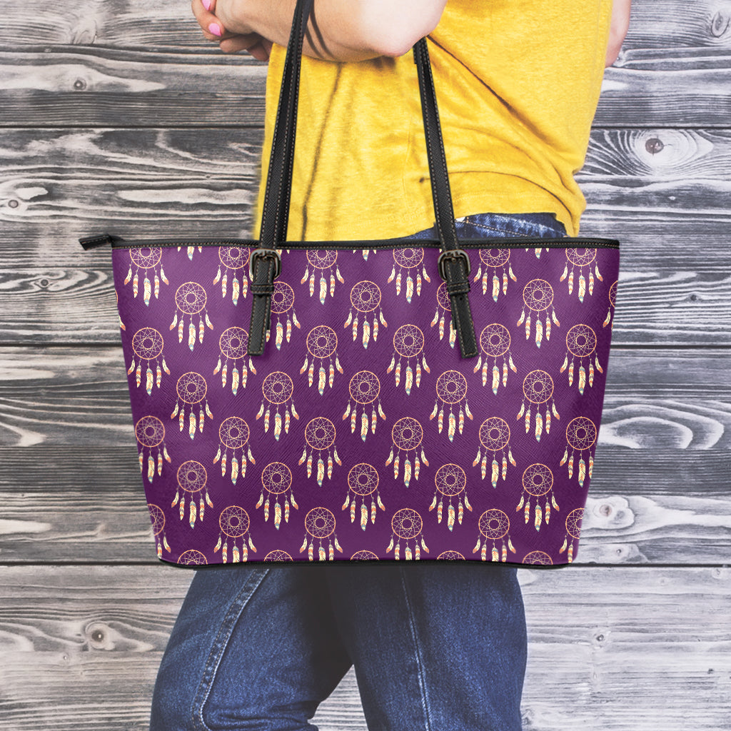 Purple Boho Dream Catcher Pattern Print Leather Tote Bag