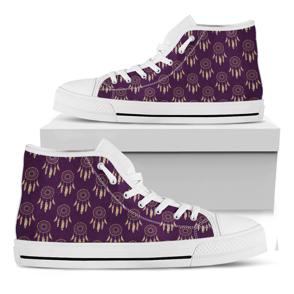 Purple Boho Dream Catcher Pattern Print White High Top Shoes