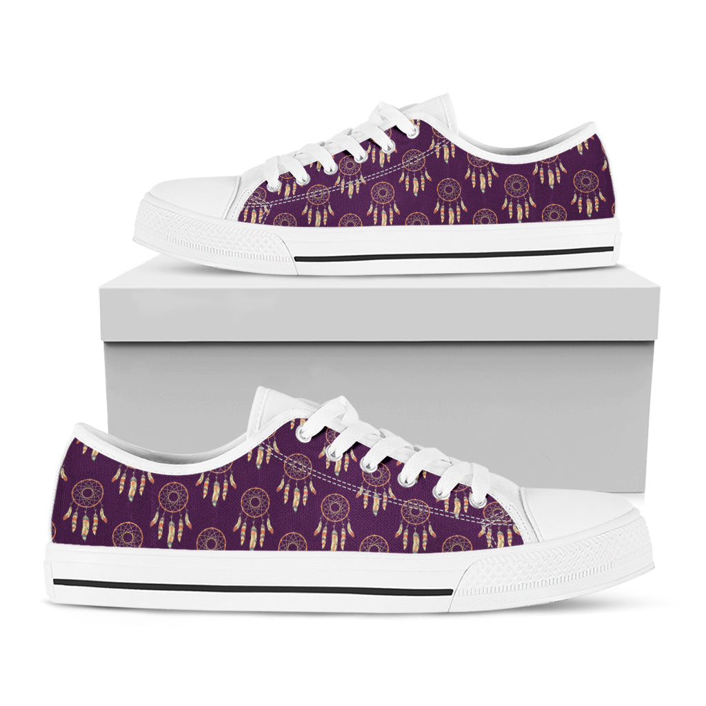Purple Boho Dream Catcher Pattern Print White Low Top Shoes