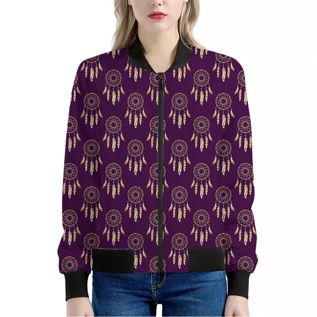 Purple Boho Dream Catcher Pattern Print Women's Bomber Jacket