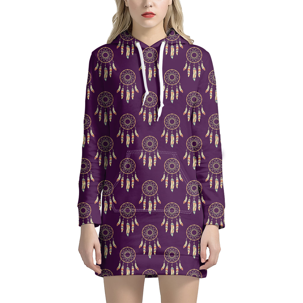 Purple Boho Dream Catcher Pattern Print Women's Pullover Hoodie Dress