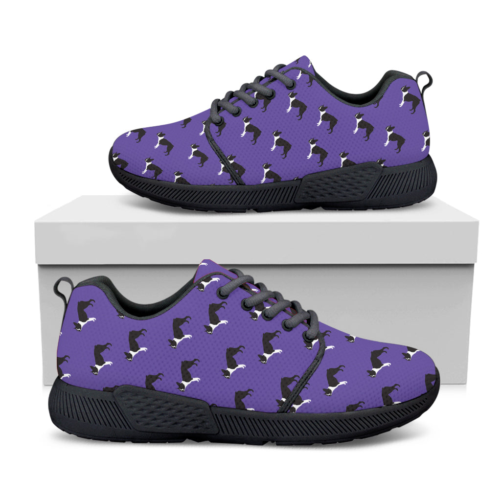 Purple Boston Terrier Pattern Print Black Athletic Shoes