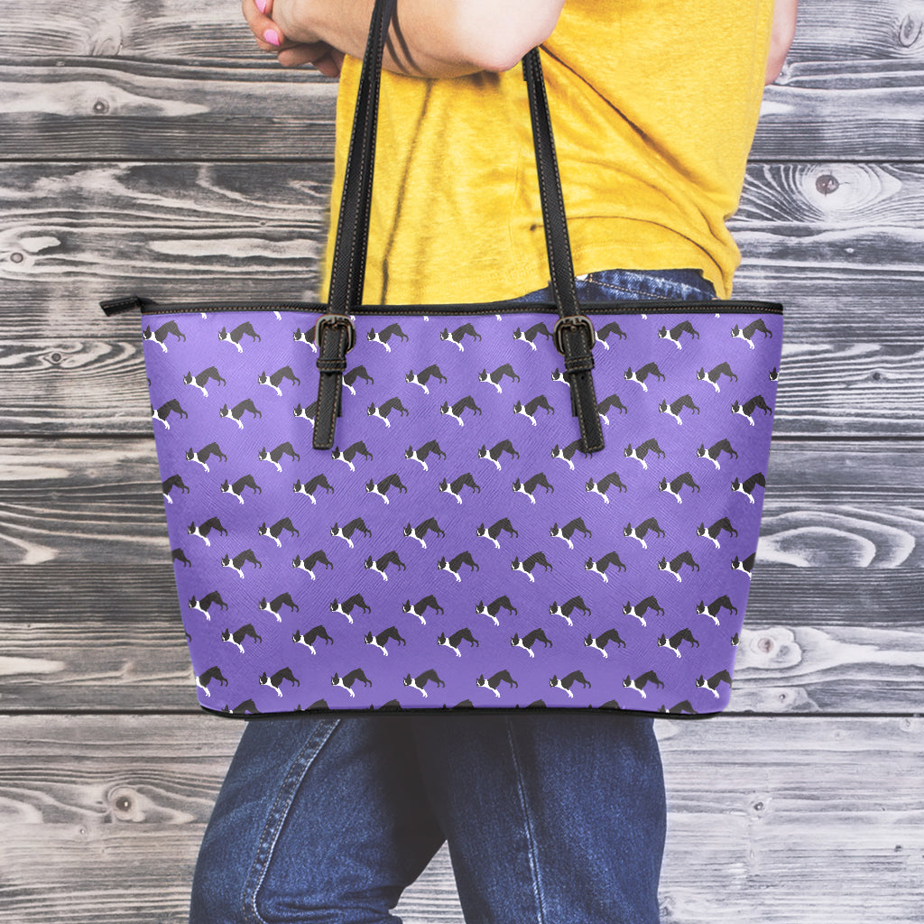 Purple Boston Terrier Pattern Print Leather Tote Bag