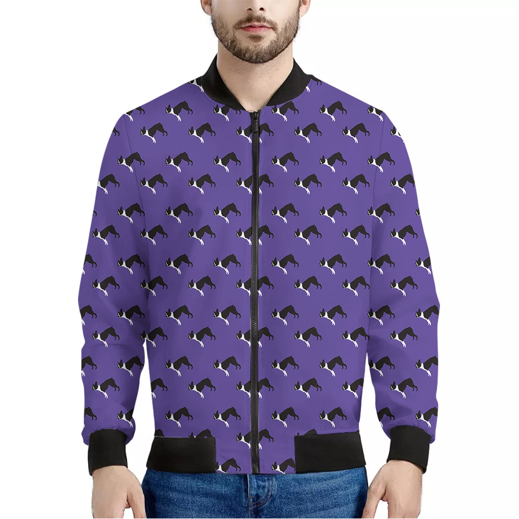 Purple Boston Terrier Pattern Print Men's Bomber Jacket