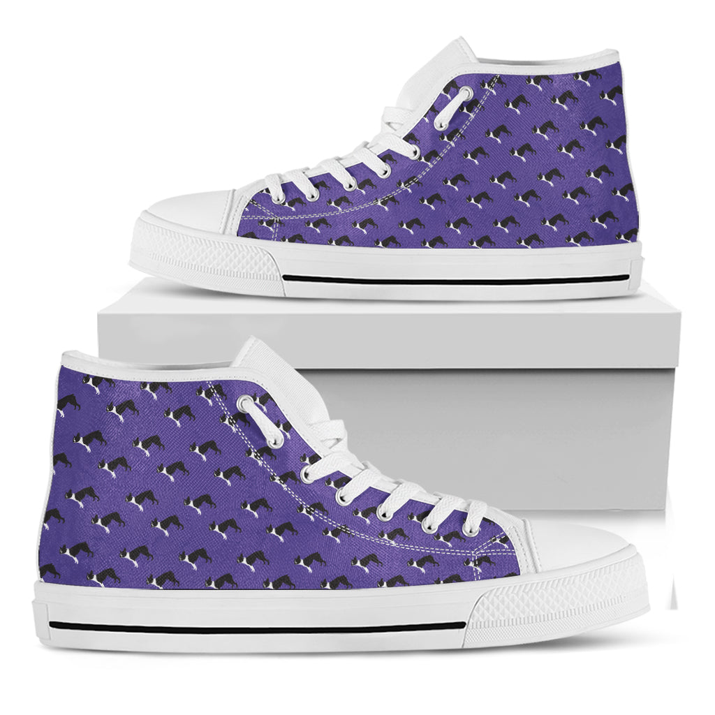 Purple Boston Terrier Pattern Print White High Top Shoes