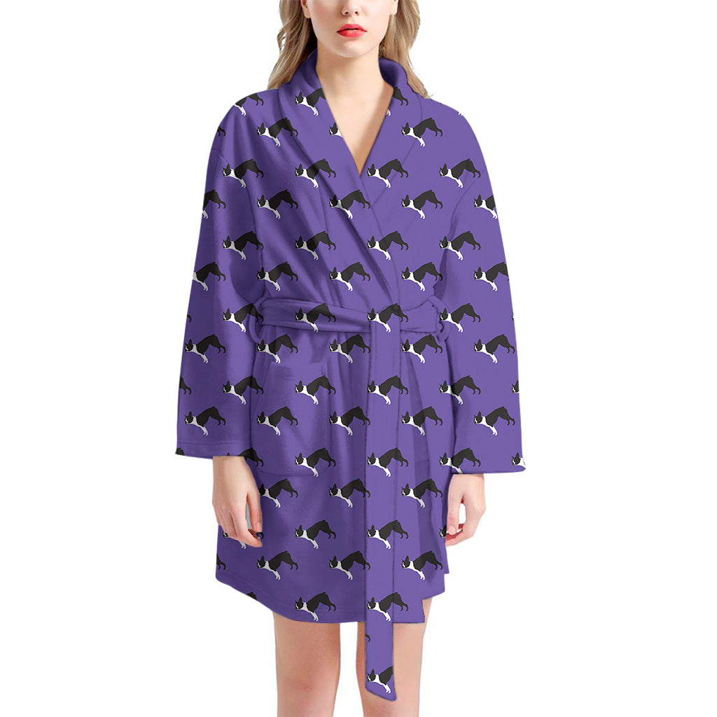 Purple Boston Terrier Pattern Print Women's Bathrobe