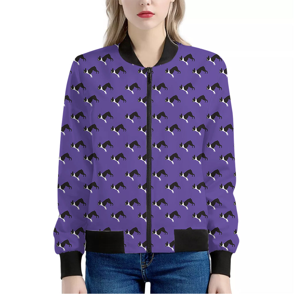 Purple Boston Terrier Pattern Print Women's Bomber Jacket