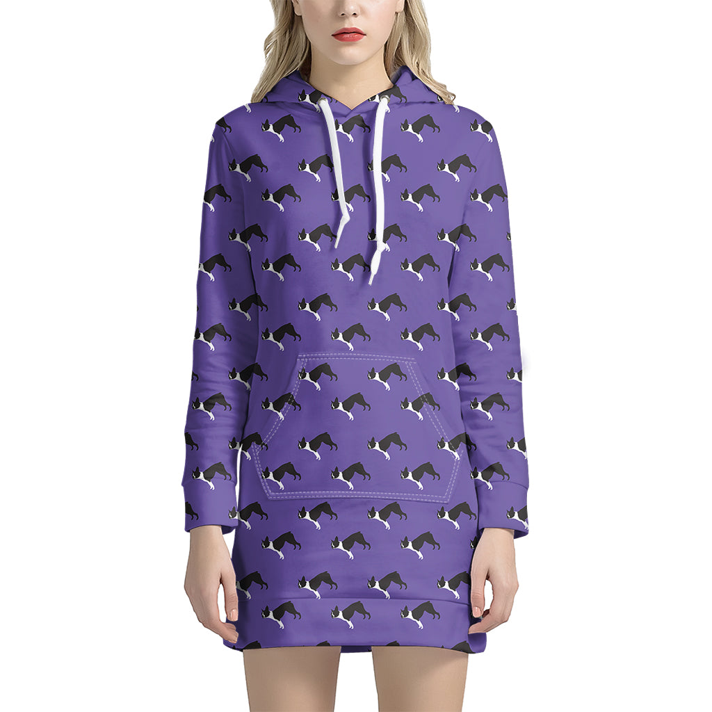 Purple Boston Terrier Pattern Print Women's Pullover Hoodie Dress