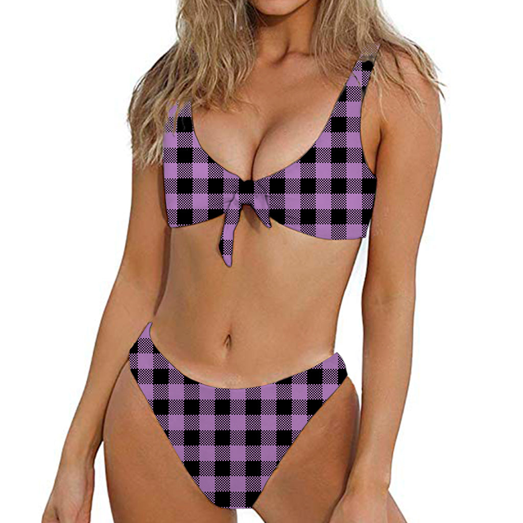 Purple Buffalo Plaid Print Front Bow Tie Bikini