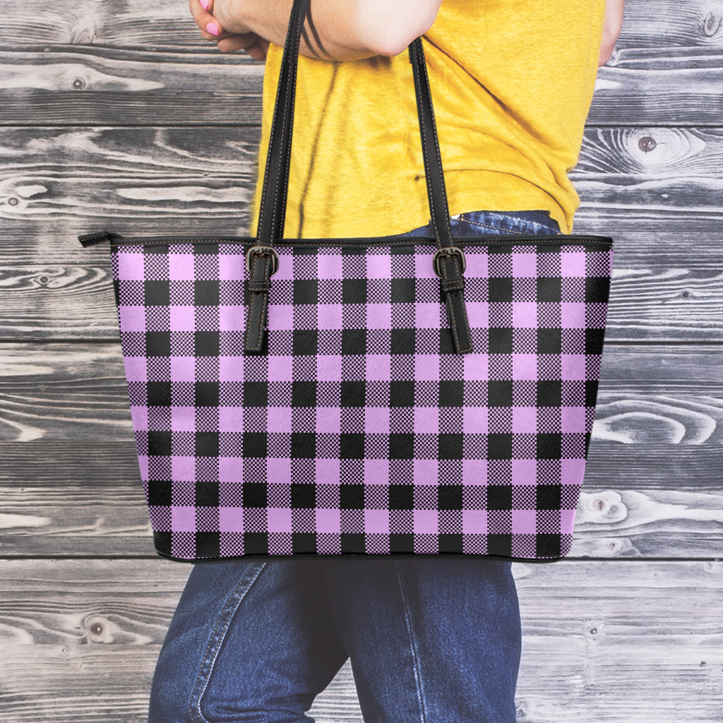 Purple Buffalo Plaid Print Leather Tote Bag