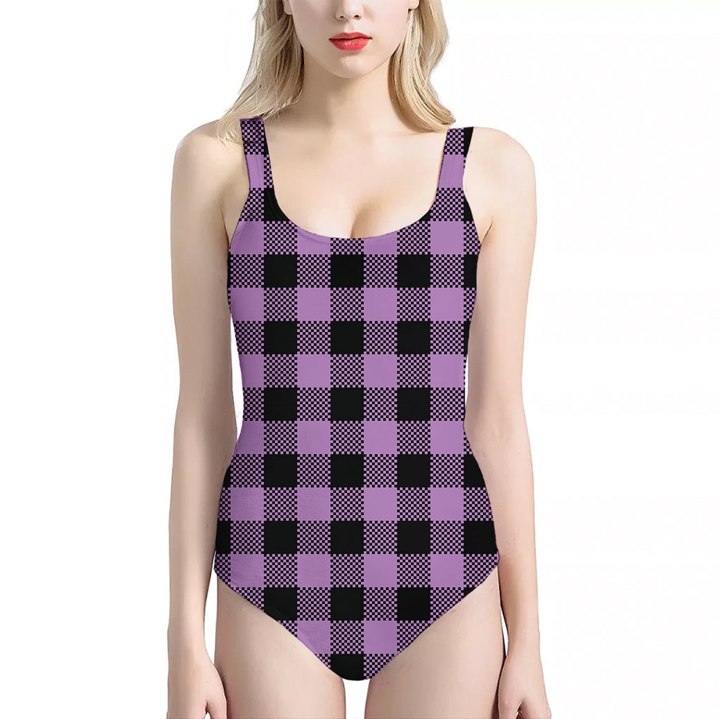 Purple Buffalo Plaid Print One Piece Halter Neck Swimsuit