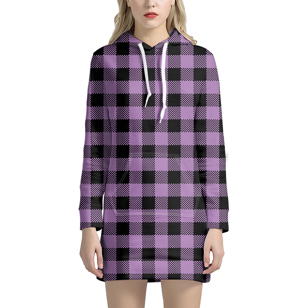 Purple Buffalo Plaid Print Women's Pullover Hoodie Dress