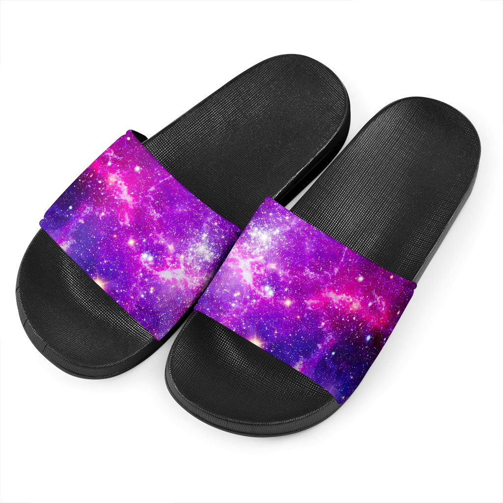 Purple Bursting Galaxy Space Print Black Slide Sandals