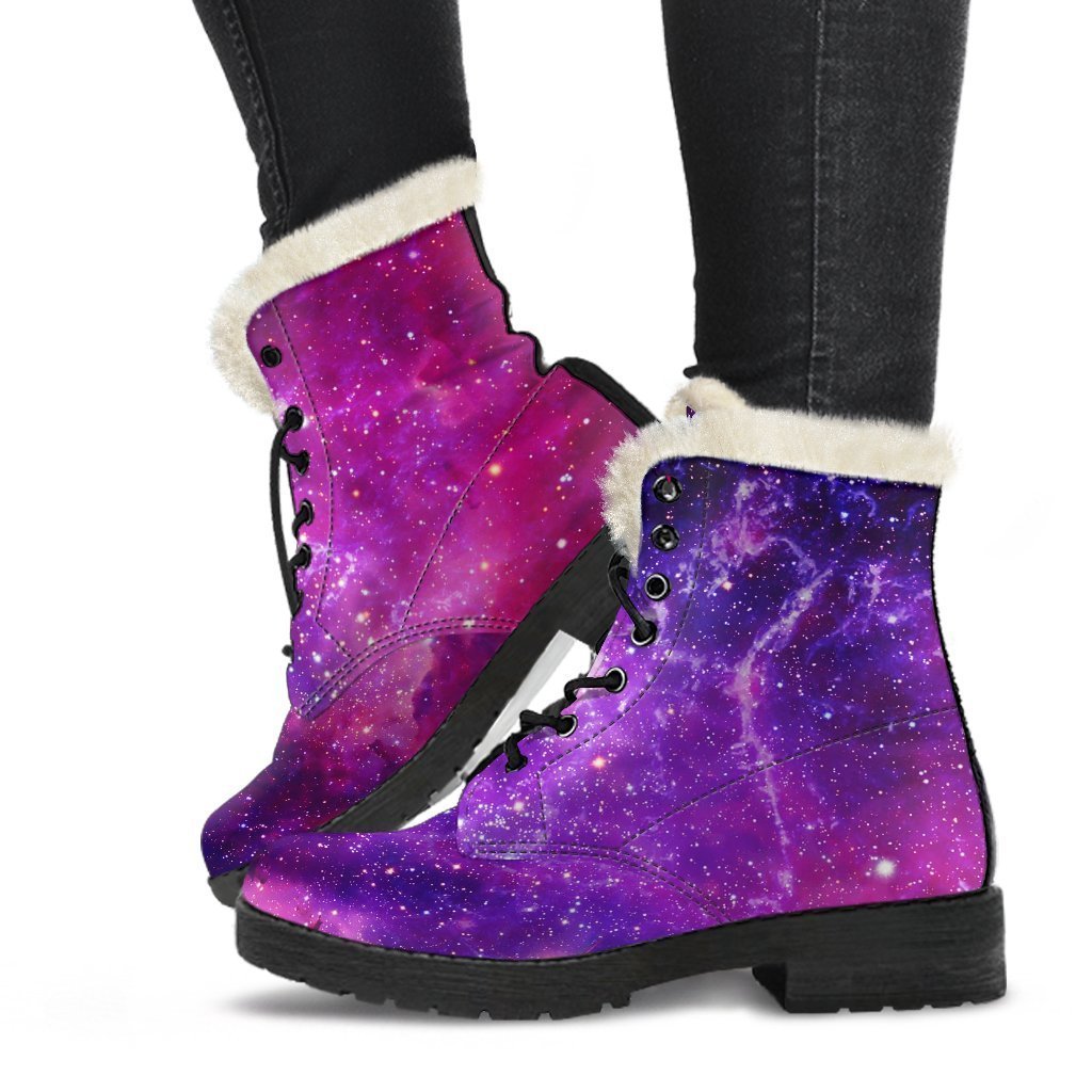 Purple Bursting Galaxy Space Print Faux Fur Leather Boots