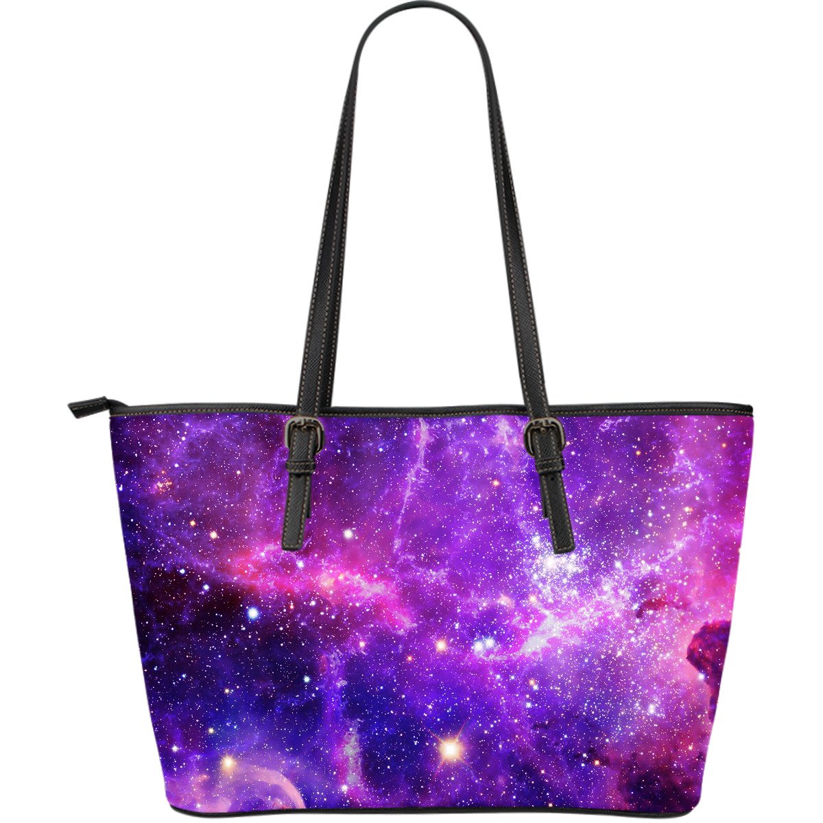 Purple Bursting Galaxy Space Print Leather Tote Bag