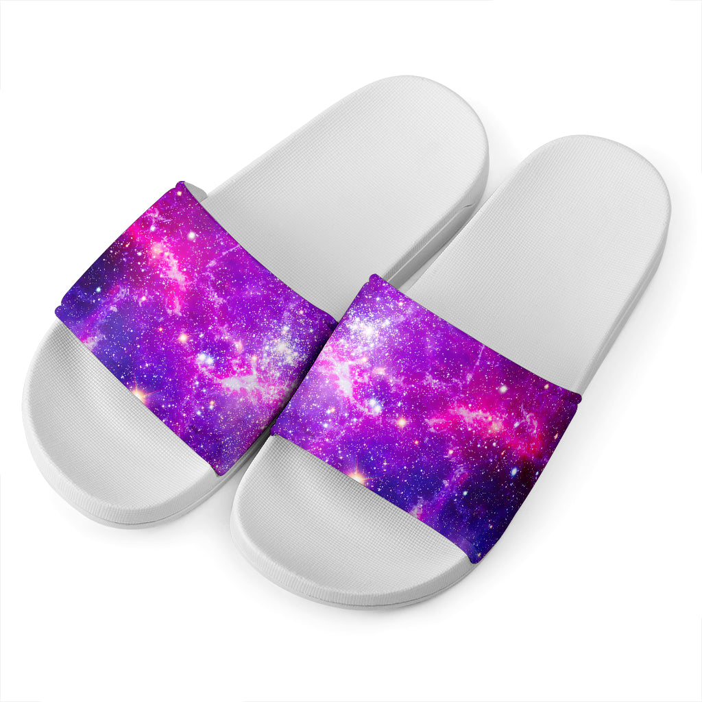 Purple Bursting Galaxy Space Print White Slide Sandals