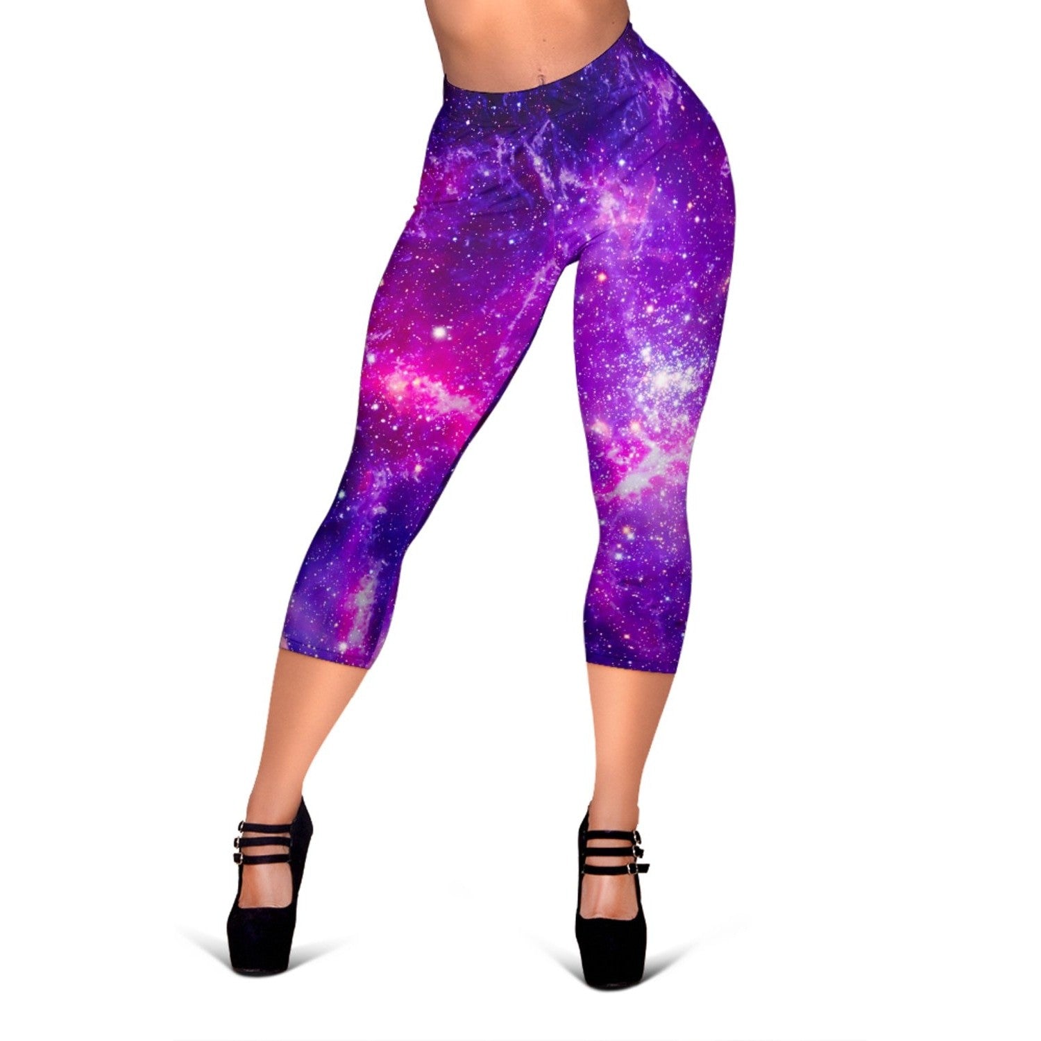 Purple Bursting Galaxy Space Print Women's Capri Leggings