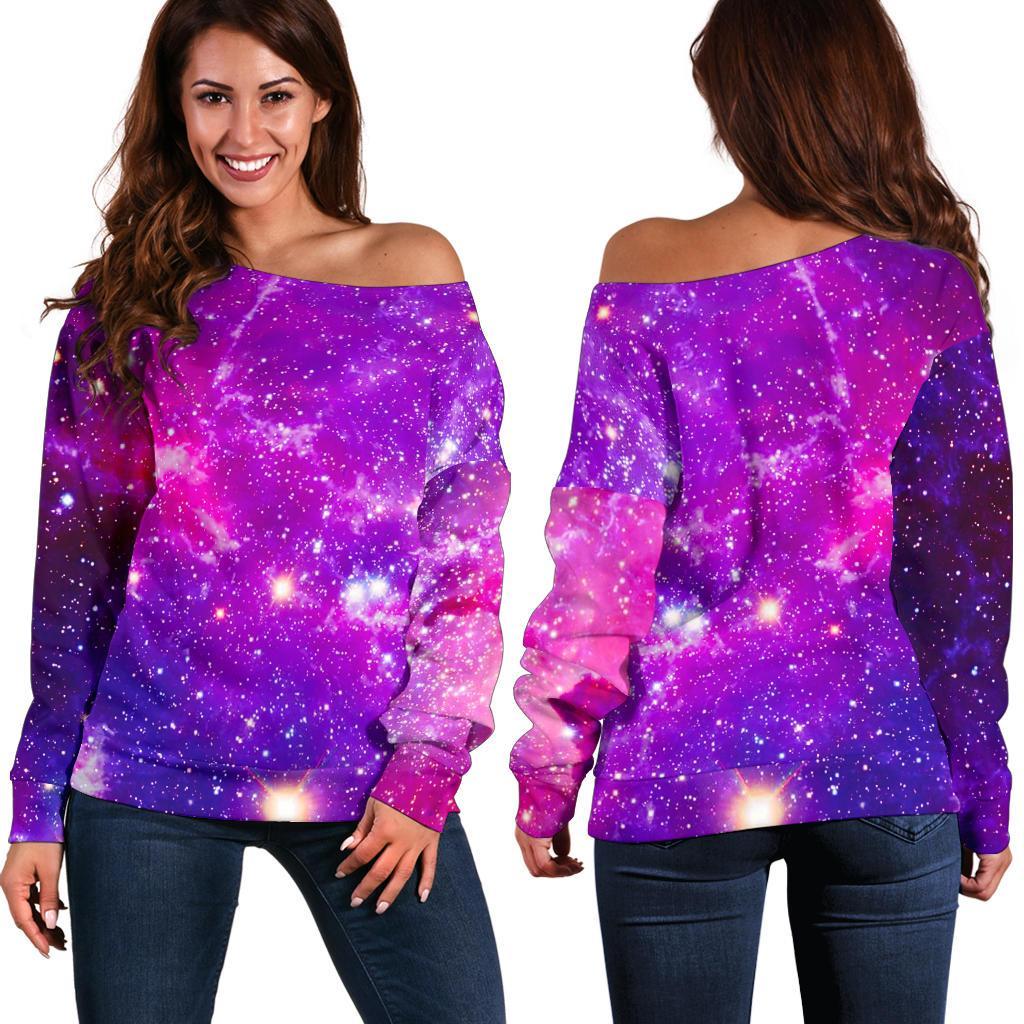 Purple Bursting Galaxy Space Print Women's Off-Shoulder Sweatshirt