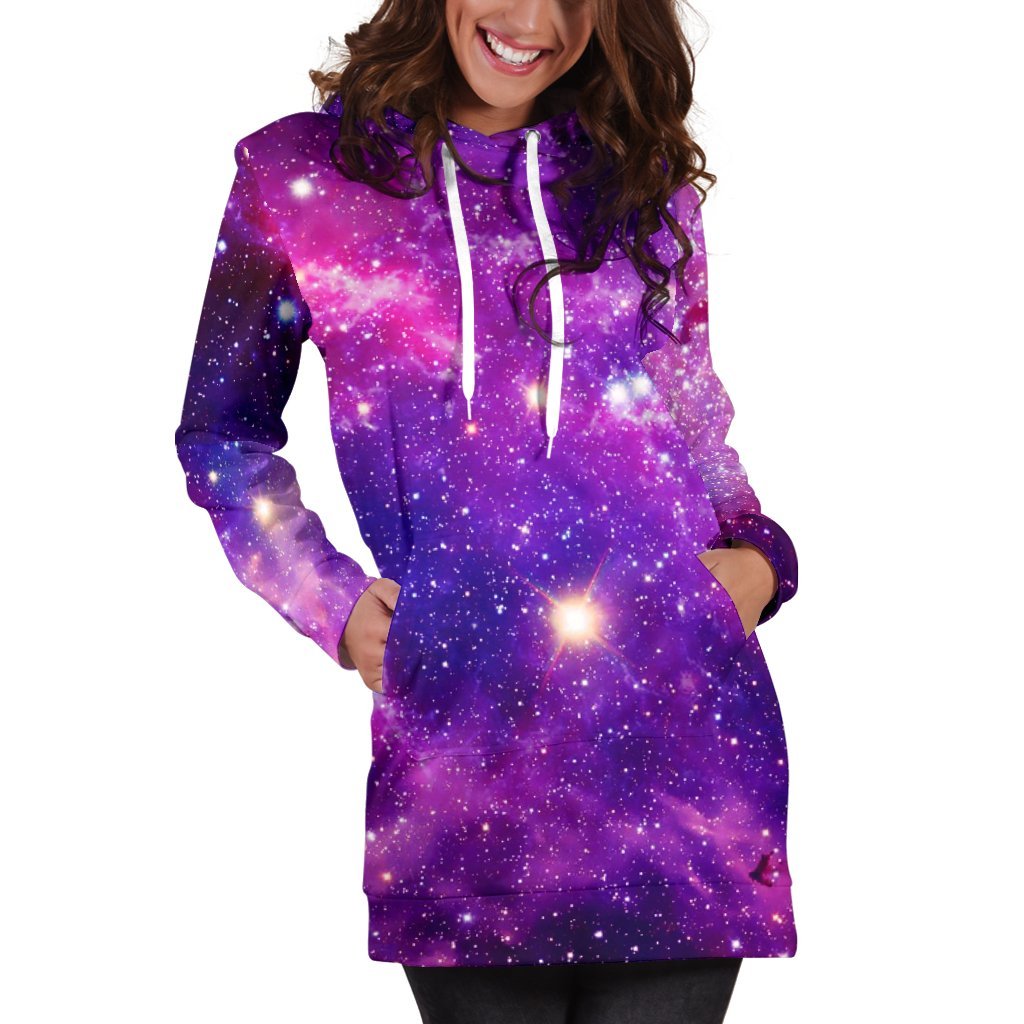 Purple Bursting Galaxy Space Print Women's Pullover Hoodie Dress