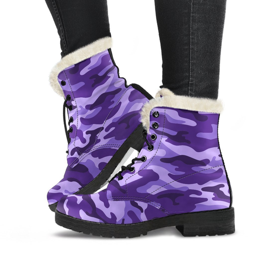 Purple Camouflage Print Faux Fur Leather Boots