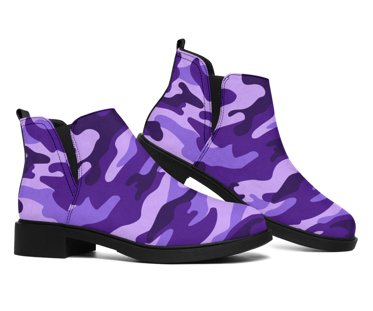 Purple Camouflage Print Flat Ankle Boots