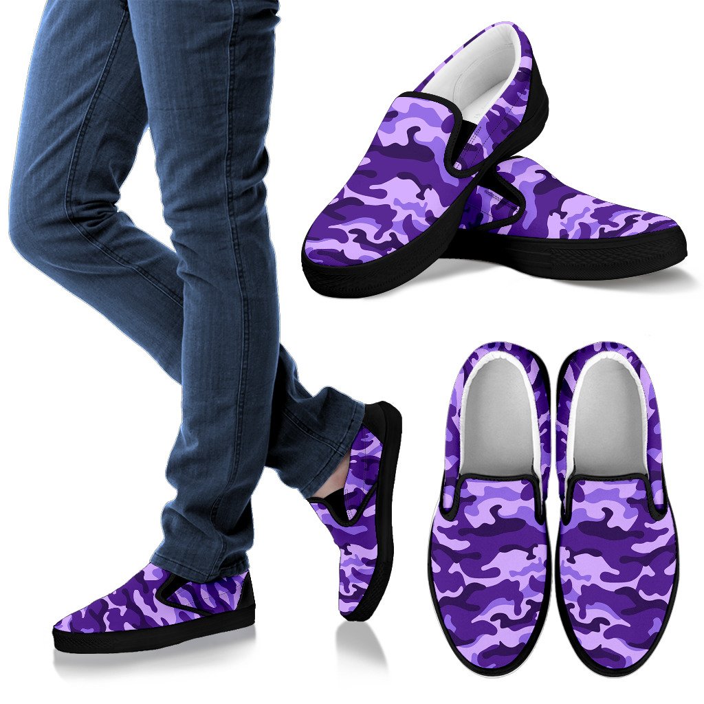 Purple Camouflage Print Men's Slip On Shoes