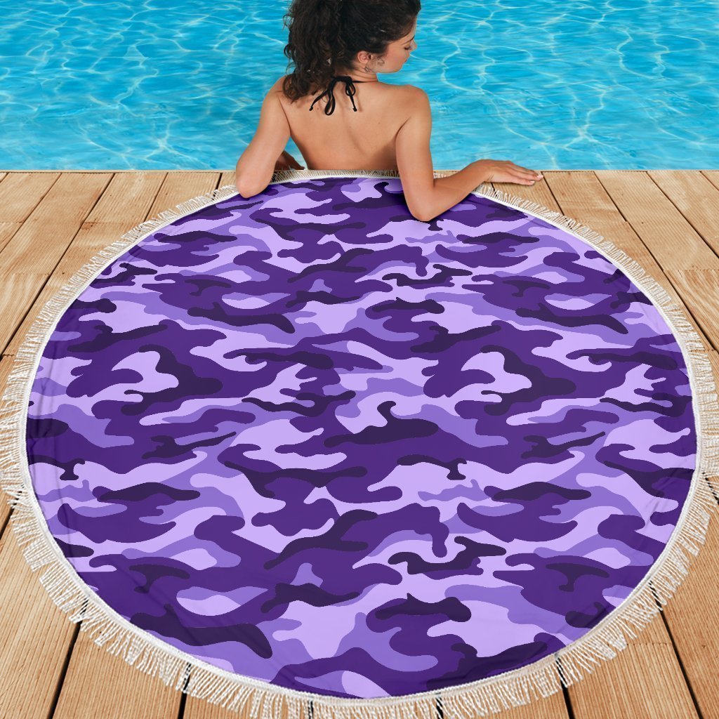 Purple Camouflage Print Round Beach Blanket